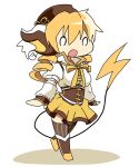  :o animal_ears blonde_hair boots breasts corset crossover detached_sleeves drill_hair fingerless_gloves fusion gloves hair_ornament iwashi_(ankh) mahou_shoujo_madoka_magica open_mouth parody pleated_skirt pokemon raichu skirt solo tail tomoe_mami vertical-striped_legwear vertical_stripes 