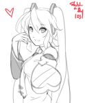  chocolate eu03 gift hair_over_one_eye hatsune_miku heart long_hair monochrome necktie outstretched_hand sketch solo twintails valentine very_long_hair vocaloid 