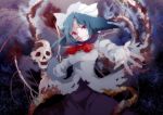  blood bloody_clothes blush breasts capelet demon_wings green_hair hat highly_responsive_to_prayers katayama_kei long_hair mima ribbon skeleton skirt skull smile solo torn_clothes touhou touhou_(pc-98) wings 