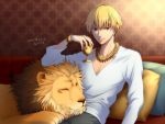  blonde_hair bracelet casual couch fate/zero fate_(series) gilgamesh goblet jewelry kayu lion male necklace pillow red_eyes 