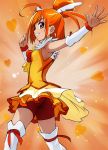  ahoge armpits ass bike_shorts cure_sunny dress hair_bun haruyama heart heart_background hino_akane magical_girl orange_(color) orange_background orange_dress orange_eyes orange_hair precure short_hair shorts_under_skirt skirt smile_precure! solo thigh-highs thighhighs 