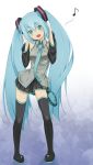  1girl aqua_hair boots detached_sleeves fang green_eyes hatsune_miku head_tilt headset highres kaiyugyo long_hair musical_note necktie open_mouth skirt solo thigh_boots thighhighs twintails very_long_hair vocaloid 