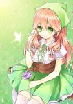  bandana bandanna brown_hair butterfly corset daisy dress flower green_background green_dress green_eyes hair_flower hair_ornament kneeling long_hair moorina original smile solo thigh-highs thighhighs white_legwear 