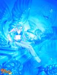  bikini blue blue_hair butterfly color_tone feet feet_in_water hair_ribbon haneda_maki long_hair mugen_no_fantasia ribbon sculpture see-through sitting skirt soaking_feet swimsuit tone water wings 