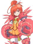  &gt;:) &gt;:d :d cure_sunny grin gundam gundam_age gundam_age-1 gundam_age-1_titus hino_akane kannagi_kaname looking_at_viewer looking_down magical_girl mecha mecha_musume mechanical_arms mechanical_legs open_mouth orange_(color) orange_hair precure red_eyes red_hair redhead rough short_hair simple_background skirt smile smile_precure! solo standing white_background 