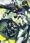  arm_cannon bikini_top black_hair black_rock_shooter black_rock_shooter_(character) blue_eyes boots cannon chain chains dead_master glowing glowing_eyes highres horns long_hair midriff multiple_girls navel scar scythe shorts skull smile sword twintails weapon 