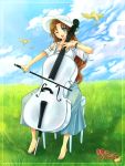  bird blue_eyes bracelet brown_hair cello chair chihiro_(sugarless) cloud dress field grass happy hat instrument jewelry long_dress long_hair mugen_no_fantasia musical_instrument nature open_mouth playing playing_instrument sitting sky smile wink 