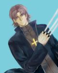  black_keys brown_hair cassock cross cross_necklace dutch_angle fate/stay_night fate_(series) jewelry kotomine_kirei male necklace purple_eyes simple_background solo violet_eyes xiogun 