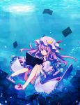  book bow crescent dress hair_bow hat highres long_hair open_book patchouli_knowledge purple_eyes purple_hair reading shirofox slippers solo touhou underwater violet_eyes water 