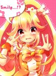  blonde_hair cure_peace double_v dress hair_ornament kise_yayoi orange_(color) pink_background precure smile_precure! solo tears urara_(sumairuclover) v yellow_dress yellow_eyes 