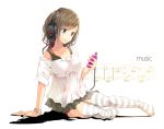  arm_support bracelet brown_eyes brown_hair digital_media_player headphones ipod jewelry long_hair musical_note no_shoes off_shoulder original panties ponytail red_panties shadow simple_background sitting skirt smile solo striped striped_legwear text thigh-highs thighhighs underwear white_background yae_(artist) 