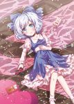  absurdres adapted_costume blue_eyes blue_hair bow candy cirno footwear gift hair_bow heart heart-shaped_pupils highres ice ice_wings kuromame_(8gou) lying pocky short_hair smile socks solo symbol-shaped_pupils touhou wings 