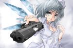  aiming_at_viewer blue_eyes blue_hair breasts cirno cleavage fairy finger_on_trigger foreshortening gangsta_hold gun handgun ice ice_wings open_clothes open_shirt pistol solo terabaito terabyte_(rook777) touhou walther_p99 weapon wings 