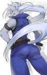  belt clenched_teeth hand_on_hip hips long_hair looking_back male mochizuki_anko pants precure smile_precure! solo werewolf white_background white_hair wolfrun 