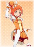  bike_shorts choker cure_sunny dress gloves grin hair_bun hino_akane orange_(color) orange_background orange_dress orange_eyes orange_hair polka_dot polka_dot_background precure sano_usagi short_hair shorts_under_skirt skirt smile smile_precure! solo thigh-highs thighhighs white_legwear 