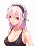  bad_id bare_shoulders breasts bust cleavage collarbone colored_eyelashes fkey hair_between_eyes headphones highres lips long_hair looking_at_viewer nitroplus pink_hair red_eyes shiny shiny_skin simple_background sleeveless solo super_sonico 