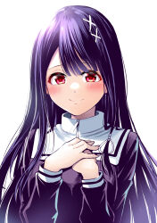  1girl attsun_(atsushi_jb) black_dress blunt_bangs blush closed_mouth dress hair_ornament hands_on_own_chest highres irotsuku_monogatari long_hair long_sleeves official_art own_hands_together purple_hair red_eyes simple_background smile solo upper_body very_long_hair white_background x_hair_ornament 