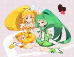  :&lt; blonde_hair boots cure_march cure_peace double_v dress green_dress green_eyes green_hair grey_background heart kise_yayoi kneeling komoreg long_hair magical_girl midorikawa_nao multiple_girls precure skirt smile smile_precure! star starry_background tiara tri_tails v yellow_dress yellow_eyes 