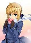  ahoge blonde_hair blue_eyes blush_stickers bust coat fate/stay_night fate/zero fate_(series) gradient gradient_background hair_ribbon heart looking_at_viewer mittens namonashi ribbon rubbish_selecting_squad saber scarf simple_background snow snowing solo valentine 