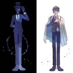  2boys black_pants blue_necktie bone_tail brown_footwear coat coat_on_shoulders collared_shirt commentary full_body green_eyes grey_hair grey_jacket grey_necktie half-closed_eyes hand_up highres hokma_(project_moon) jacket library_of_ruina looking_to_the_side monocle multiple_boys necktie nito pants pluto_(project_moon) project_moon shirt shoes skeleton skull white_coat white_shirt wing_collar 