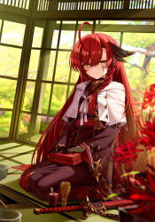  1girl ahoge black_gloves blurry blurry_background borrowed_character box braid closed_mouth cluseller commission flower gloves hair_ornament highres holding holding_box huge_ahoge japanese_clothes katana kimono kneeling long_hair original red_flower redhead skeb_commission spider_lily sword tatami tea_ceremony weapon yellow_eyes 