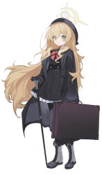  1girl black_coat black_hat black_shirt black_skirt blonde_hair blue_archive boots cane coat commentary_request full_body green_eyes halo hat highres holding holding_cane holding_suitcase long_hair long_sleeves looking_at_viewer neck_ribbon open_clothes open_coat open_mouth professor_niyaniya_(blue_archive) red_ribbon ribbon school_uniform shirt simple_background skirt solo standing suitcase white_background wiersa yellow_halo 