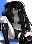  aqua_eyes bikini_top black_hair black_rock_shooter black_rock_shooter_(character) boots coat long_hair midriff pale_skin sakamoto_mineji scar shorts sititng sitting solo twintails white_skin 