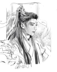  1boy abstract_background armor chinese_clothes commentary cropped_shoulders english_commentary greyscale guan_hat hanfu highres huadian jun_wu long_hair looking_down male_focus mian_guan monochrome mooncakebun ponytail portrait serious shoulder_armor signature sketch solo steam three_quarter_view tianguan_cifu white_hanfu xiao_guan_(headdress) 