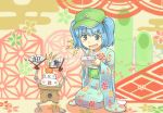  alternate_costume asa_no_ha_(pattern) blue_eyes blue_hair blush_stickers controller fan folding_fan footwear hair_bobbles hair_ornament hat japanese_clothes kawashiro_nitori kedama kimono monosenbei obi remote_control seiza short_hair sitting smile socks solo touhou twintails white_legwear winwinmater 