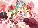  :&lt; :q aqua_eyes aqua_hair blonde_hair bow bracelet dress footwear gingerbread_man green_eyes green_hair gumi hair_bow hatsune_miku heart heart_hands heart_hands_duo jewelry kagamine_rin kaito koyami_tsukito long_hair mouth_hold multiple_girls nail_polish pantyhose red_legwear short_hair sitting smile socks thigh-highs thighhighs tongue twintails valentine vertical-striped_legwear vertical_stripes very_long_hair vocaloid 