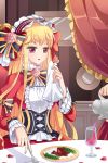  bangs blonde_hair bow breasts cinia_pacifica corset cup dress flower food fork frills holding long_hair lowres maid_headdress napkin open_mouth pink_eyes ribbon rose sitting solo striped sword_girls wine_glass 