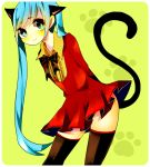  animal_ears aqua_hair arms_behind_back bowtie cat_ears cat_tail dress green_eyes hatsune_miku long_hair solo tail thigh-highs thighhighs twintails uomiya_naname very_long_hair vocaloid 