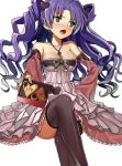  bare_shoulders black_legwear blush breasts chocolate chocolate_heart cleavage crossed_legs detached_sleeves dragon_maker dress earrings garter_straps green_eyes heart jewelry large_breasts legs_crossed lips long_hair looking_away matsui_hiroaki necklace open_mouth purple_hair simple_background sitting solo thigh-highs thighhighs tsundere valentine wavy_hair 