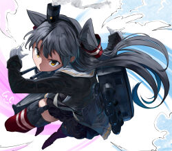  1girl absurdres adapted_turret amatsukaze_(kancolle) amatsukaze_kai_ni_(kancolle) black_dress blush brown_dress brown_eyes cannon commentary_request dress foreshortening full_body garter_straps gegesan gloves grey_hair grey_neckerchief hair_tubes highres horizontal-striped_thighhighs incoming_attack kantai_collection long_hair long_sleeves machinery neckerchief red_thighhighs rigging rudder_footwear sailor_collar sailor_dress signature smokestack smokestack_hair_ornament thigh-highs torpedo_launcher turret two_side_up white_background white_gloves white_sailor_collar zettai_ryouiki 