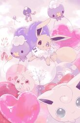  animal_focus balloon bow clouds drifblim drifloon eevee heart_balloon igglybuff jigglypuff looking_at_viewer miikagell no_humans pink_bow pink_theme pokemon pokemon_(creature) purple_bow wigglytuff 