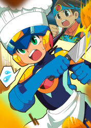  2boys absurdres blue_bodysuit blue_helmet bodysuit brothers brown_eyes brown_hair egao_nina6 green_eyes hat helmet highres holding holding_knife knife lan_hikari_(mega_man) male_focus mega_man_(series) mega_man_battle_network_(series) mega_man_battle_network_4 megaman.exe multiple_boys siblings twins white_hat 