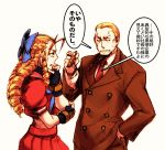  1girl antenna_hair blonde_hair bow capcom chin_rest cigar crossover fatal_fury formal geese_howard hair_bow itkz_(pixiv) kanzuki_karin king_of_fighters long_hair m.u.g.e.n necktie ringlets ryuuko_no_ken school_uniform serafuku short_hair snk street_fighter street_fighter_zero street_fighter_zero_iii suit translation_request 