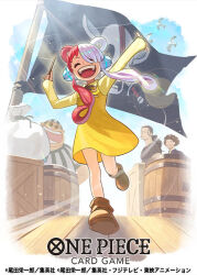  1girl 3boys ^_^ aged_down arms_up barrel benn_beckman child cigarette closed_eyes commentary_request copyright_name dress flag hair_over_one_eye headphones jolly_roger long_sleeves lucky_roux multicolored_hair multiple_boys official_art one_piece one_piece_card_game open_mouth otton ponytail redhead smile sunglasses two-tone_hair uta_(one_piece) white_hair yasopp yellow_dress 