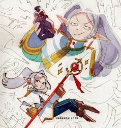  1girl artist_name blue_pants boots bottle brown_footwear capelet constricted_pupils earrings evil_smile frieren graphite_(medium) green_eyes grey_hair holding holding_bottle holding_staff jewelry magnagallina meme miniskirt painting_(medium) pants pants_under_skirt pointy_ears skirt smile sousou_no_frieren staff traditional_media twintails v-shaped_eyebrows watercolor_(medium) white_capelet white_skirt you_can_just_give_this_kind_of_thing_to_men_and_they_will_be_thrilled_(meme) 