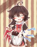  ahoge apron asymmetrical_wings blush bow brown_hair censored censored_food chocolate closed_eyes eyes_closed fake_censor food food_on_clothes food_on_face fuuen_(akagaminanoka) heart houjuu_nue open_mouth plate pointy_ears smile solo thigh-highs thighhighs touhou wings zettai_ryouiki 