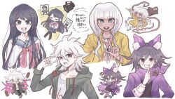  :d :o black_hair blood blunt_bangs blush bow bowtie cheshire_cat_(alice_in_wonderland) cheshire_cat_(alice_in_wonderland)_(cosplay) cosplay cropped_torso danganronpa:_trigger_happy_havoc danganronpa_(series) danganronpa_2:_goodbye_despair danganronpa_v3:_killing_harmony green_jacket grey_hair grin hair_ornament hairclip highres holding holding_knife hood hooded_jacket jacket knife komaeda_nagito kuro_(q6_oxo) long_hair low_twintails maizono_sayaka messy_hair naegi_makoto official_alternate_costume oma_kokichi pink_blood pink_bow pink_bowtie smile teeth twintails upper_teeth_only white_background white_hair yonaga_angie 