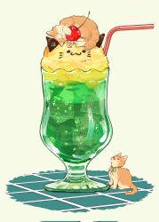  animal bendy_straw cat cherry chocolate_syrup cup drink drinking_glass drinking_straw food food_focus fruit highres ice ice_cream ice_cream_float ice_cube kitten melon_soda no_humans oimo_imoo on_food original soda 