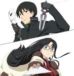  1girl black_eyes black_hair crossover dagger darker_than_black glasses hei heroes_phantasia long_hair mask paper read_or_die ribonzu short_hair weapon yomiko_readman 