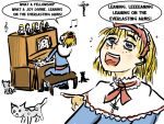  alice_margatroid blonde_hair blue_eyes cat commentary cross crucifix doll drsunshine face freckles instrument piano singing touhou 