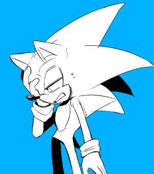  1boy acidki6 animal_ears animal_nose blue_background furry furry_male gloves greyscale_with_colored_background half-closed_eyes hand_on_own_face highres male_focus monochrome simple_background solo sonic_(series) sonic_the_hedgehog standing sweat tail 