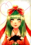  bad_id bow green_eyes green_hair hair_bow hair_ribbon heart kagiyama_hina long_hair looking_at_viewer ribbon smile solo touhou valentine yuura 
