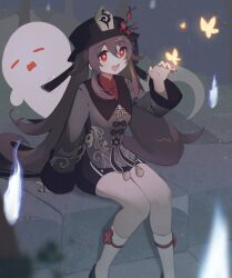  1girl black_hat branch brown_coat brown_hair brown_shorts bug butterfly coat erua_(_8eru) flower genshin_impact ghost hand_up hat hat_flower highres hitodama hu_tao_(genshin_impact) long_hair long_sleeves open_mouth plum_blossoms red_eyes shorts sitting smile socks solo twintails very_long_hair white_socks 