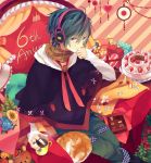  akiyoshi_(tama-pete) blue_eyes blue_hair cake candy cat chocolate cup food from_above headphones jewelry kaito looking_at_viewer male mug ring scarf smile solo throne vocaloid 