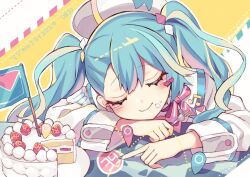  1girl aqua_hair beamed_eighth_notes beret blue_nails blush bow cake closed_eyes commentary_request copyright_name dated flag food food_on_face fork fruit hat hatsune_miku holding holding_fork jacket kyouda_suzuka long_hair long_sleeves magical_mirai_(vocaloid) magical_mirai_miku magical_mirai_miku_(2024) musical_note pink_bow pointing pushpin smile solo strawberry strawberry_shortcake twintails twitter_username vocaloid white_hat white_jacket 