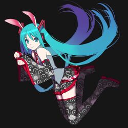  animal_ears aqua_eyes aqua_hair bunny_ears detached_sleeves hatsune_miku kemonomimi_mode long_hair looking_at_viewer necktie sakamoto_mineji skirt smile solo thigh-highs thighhighs twintails very_long_hair vocaloid zettai_ryouiki 